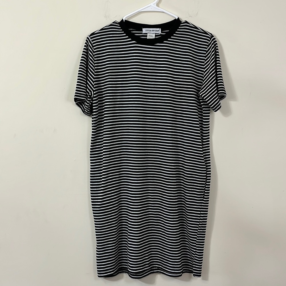 Cotton Emporium Black White Striped Tee Shirt Dress With Pockets S - Picture 2 of 6
